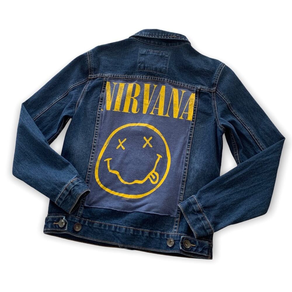 Reworked Apparel Men’s Nirvana Custom Upcycled Graphic Denim Jacket Size Small